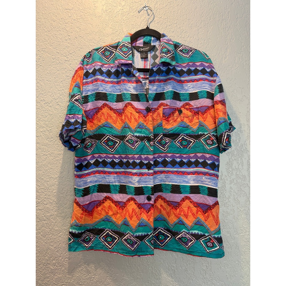 Options Melrose Vintage 100% Silk Geometric Aztec Print Short Sleeve Shirt Small